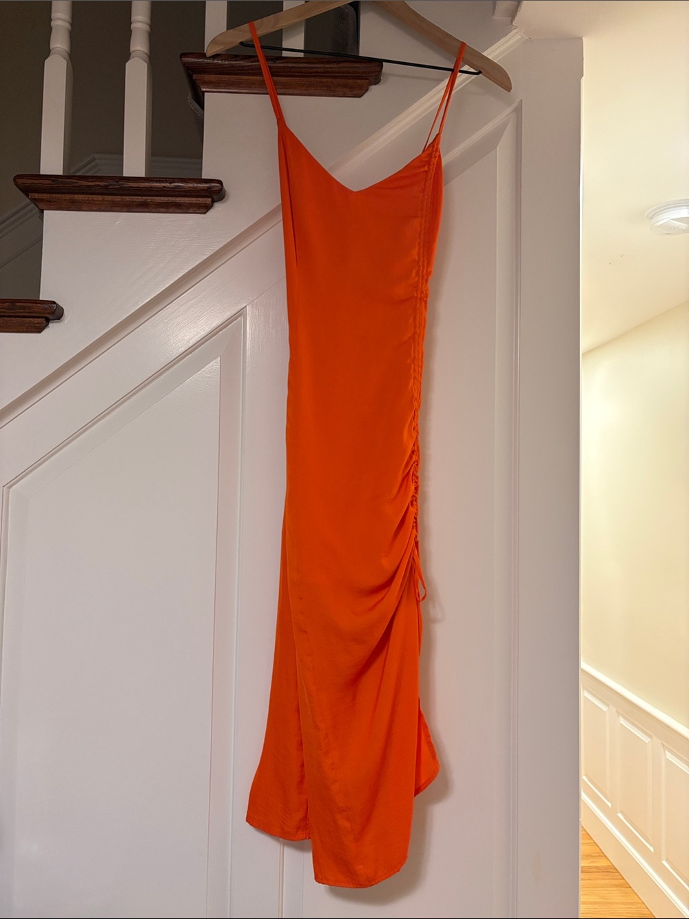 Orange Slip Midi Dress with Side Ruching - Women